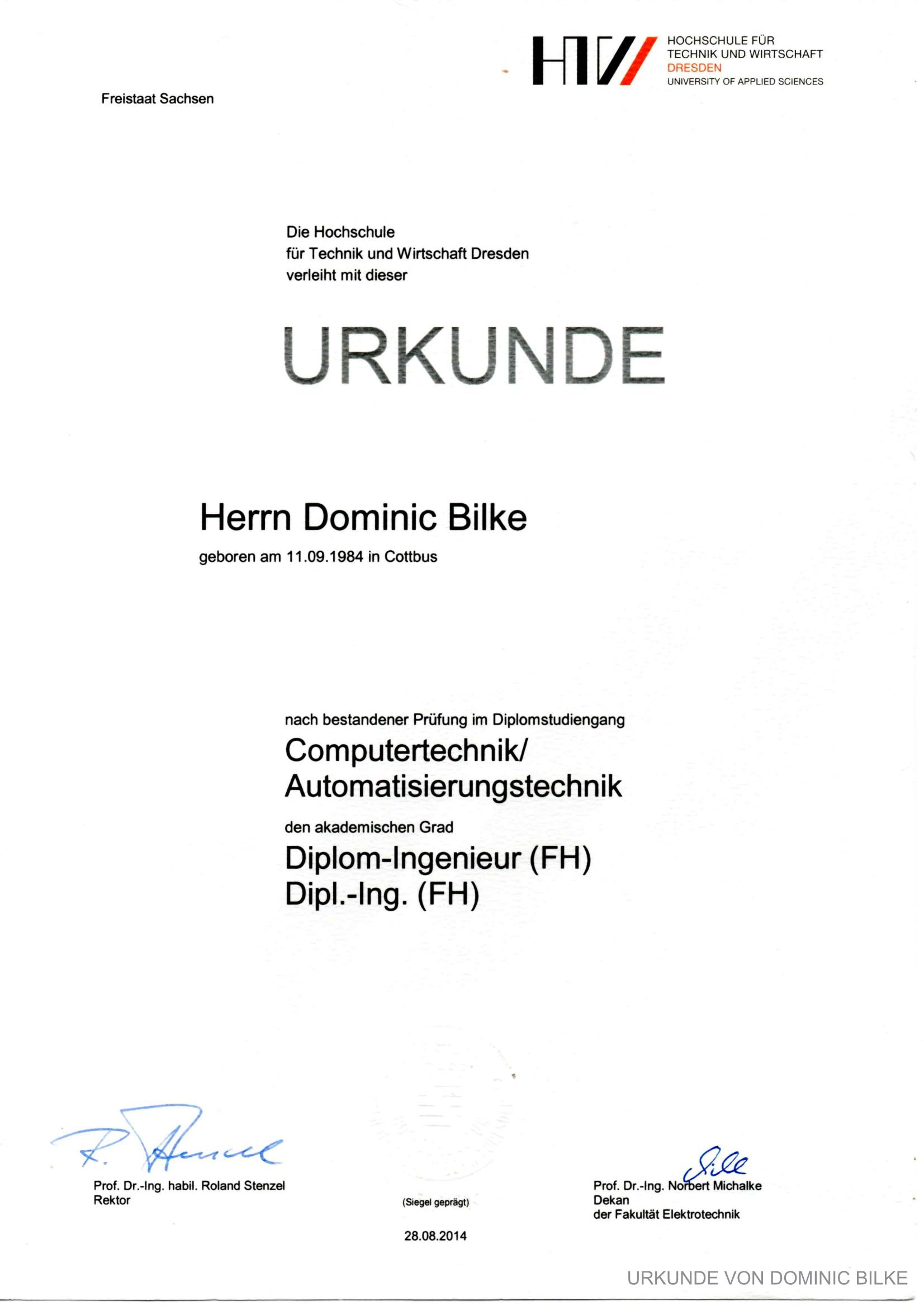 Diplomurkunde HTW Dresden